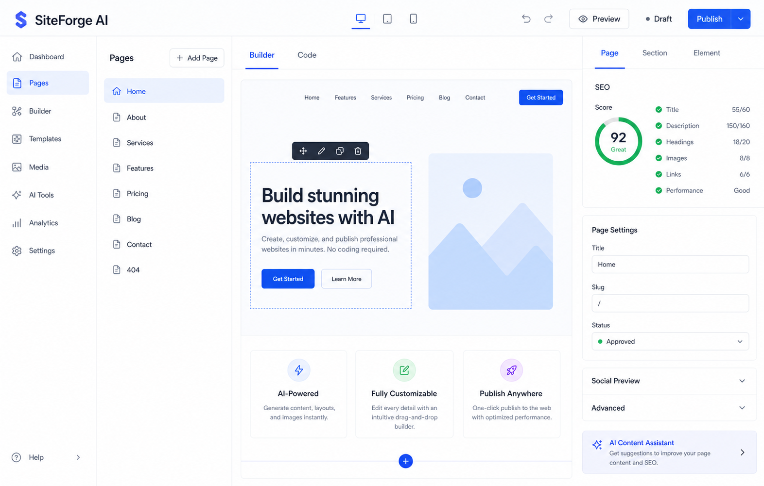 AI-generated siteforge ai builder interface illustration