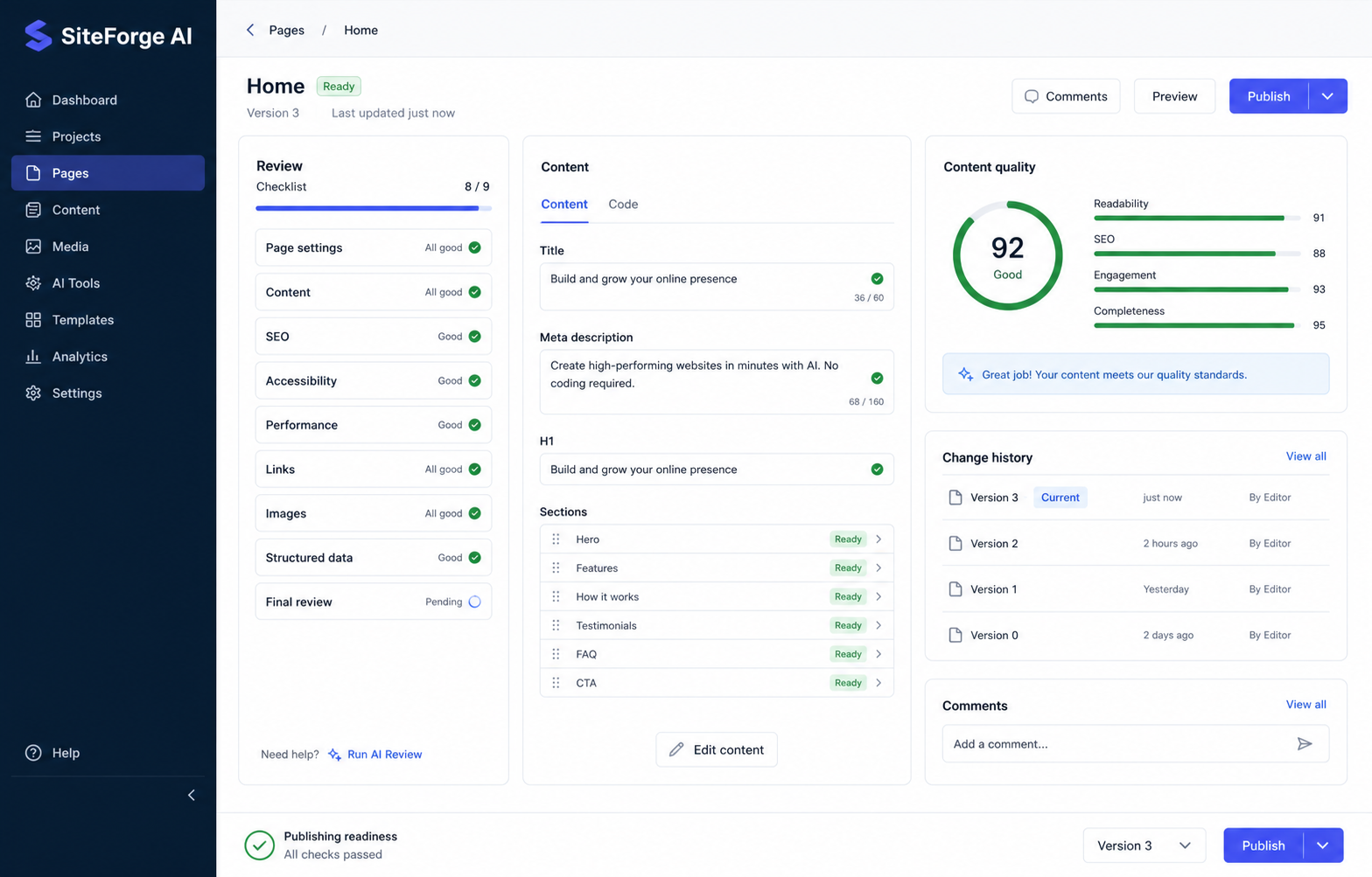 AI-generated siteforge ai page review interface illustration
